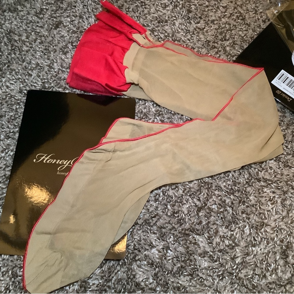 Honey Birdette sheers luxury thigh high stay-ups w/backseam, raspberry, size: S - Picture 10 of 12